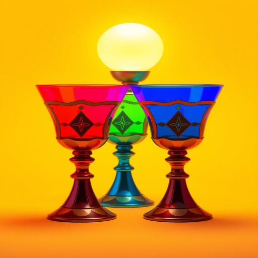 Create a stylized illustration of four colorful chalices with a round glowing orb on top, arranged horizontally with a yellow, pink, blue, and orange background, using a Canon EOS R5 with 50mm f/1.2 lens, aperture set to f/8, ISO 100, and soft diffused lighting to enhance colors and details.