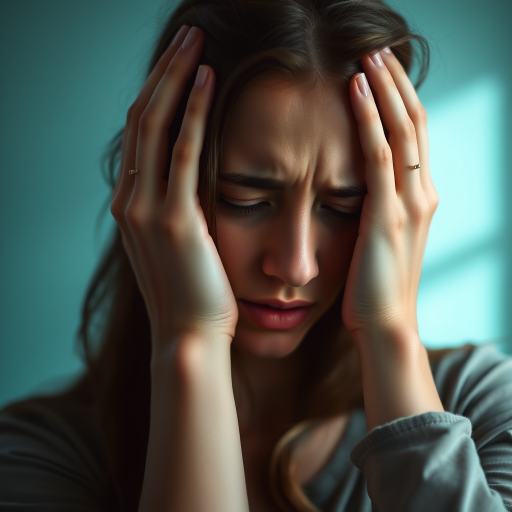 portrait of a young woman with her hands on her head, expressing emotional distress, soft focus background with a teal hue, natural light, Nikon D850, 50mm lens, f/1.8, ISO 200, shallow depth of field