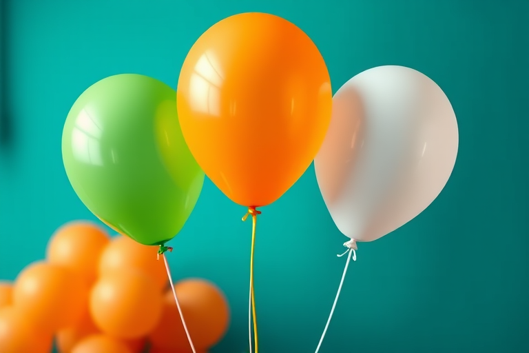 Generate an image of three balloons in green, orange, and white colors, using a Canon EOS 5D Mark IV with a 50mm lens, aperture f/2.8, ISO 100, shot at a 45-degree angle with a soft focus background for a vibrant presentation.