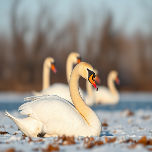 Capture a serene winter scene featuring a resting swan in the foreground with other swans blurred in the background, using a Canon EOS 5D Mark IV, 85mm lens, f/4 aperture, ISO 200, 1/250 sec shutter speed, soft natural lighting, and shallow depth of field for enhanced clarity and detail.