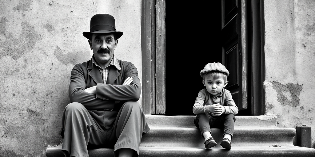A black-and-white photograph of a man and a child sitting on steps in front of a doorway. The man is dressed as a tramp with a bowler hat, mustache, and ragged clothes, reminiscent of Charlie Chaplin's iconic look. He is sitting with his arms crossed and an expression of slight sadness or frustration. Next to him is a young boy, also in worn clothes and a cap, sitting with his hands clasped, looking thoughtful. The background is an old, textured wall and a partially open door, creating a vintage, early 20th-century atmosphere.