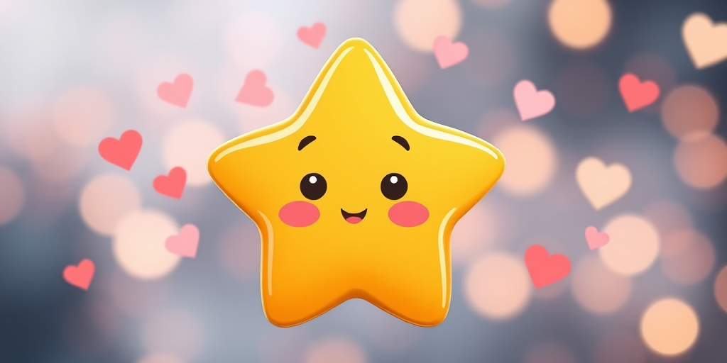 Create a cute cartoon star character with pastel colors, surrounded by small floating hearts, use a Canon EOS R5 with a 50mm f/1.2 lens, aperture set to f/2.8, ISO 100, and a soft focus background for enhanced image quality.