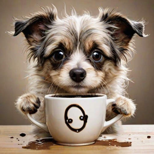 A quirky, artistic illustration of a disheveled shollie dog breed with exaggerated, large eyes and spiky fur, holding a coffee mug that reads "Good Morning". The dog has a tired but humorous expression, with ink splatters and abstract details surrounding it, giving a whimsical feel to the image. The color palette is mostly monochrome with hints of brown in the eyes and steam rising from the mug, enhancing the overall sleepy vibe