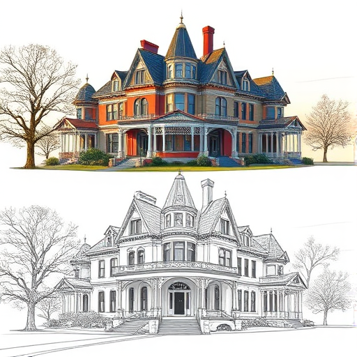 Create a detailed illustration of a Victorian-style mansion divided into two sections: one showing the building in a realistic, colored depiction and the other as a technical sketch, utilizing a DSLR camera with a 50mm lens at f/8 aperture, ISO 200, and a slight tilt-shift effect for depth, captured during golden hour to enhance lighting and shadows.