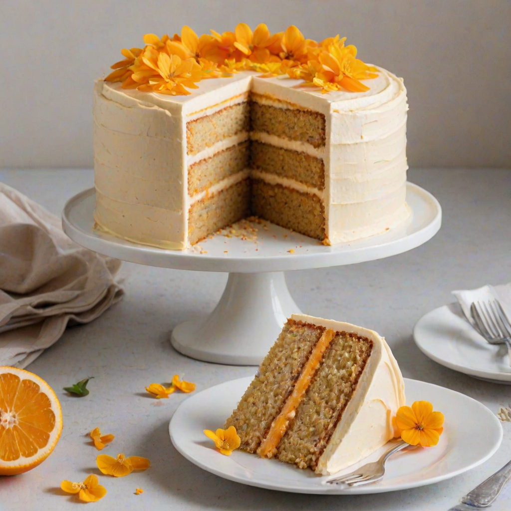 Create an image of a layered cake with orange-flavored frosting. The cake should have multiple layers, and the top should be garnished with orange slices and small edible flowers. The cake is displayed on a white plate with a slice cut out, revealing the layers inside. The background should be simple and light to emphasize the cake.