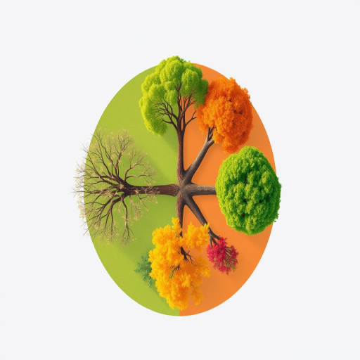 Create a circular illustration depicting the four seasons with trees in various stages: bare, budding, full foliage, and autumn leaves, using vibrant colors, a flat design style, captured from a top-down view, DSLR camera, aperture f/8, ISO 100, 50mm lens.