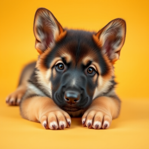 Generate a high-quality image of a German Shepherd puppy with paws resting on a vibrant yellow background, using a DSLR camera, aperture f/1.8, ISO 100, 50mm lens, and a soft focus effect for a warm, captivating look.