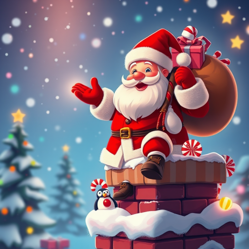 Create a vibrant, high-resolution illustration of a jolly Santa Claus with a sack of gifts, cheerfully standing on a snowy chimney with candy canes and a penguin toy, using a Canon EOS R5 camera, 50mm lens, f/1.8 aperture, ISO 100, with a bright and colorful studio lighting setup to enhance the festive atmosphere.