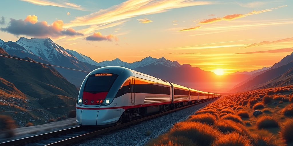 Create a high-resolution digital illustration of a sleek train traveling through a mountainous landscape at sunset, use vibrant colors with a clear sky and soft clouds, emphasize the train's speed and design, set camera type to digital art, camera style to vector graphics, camera view to wide-angle perspective, and enhance image quality with sharp details and smooth gradients.