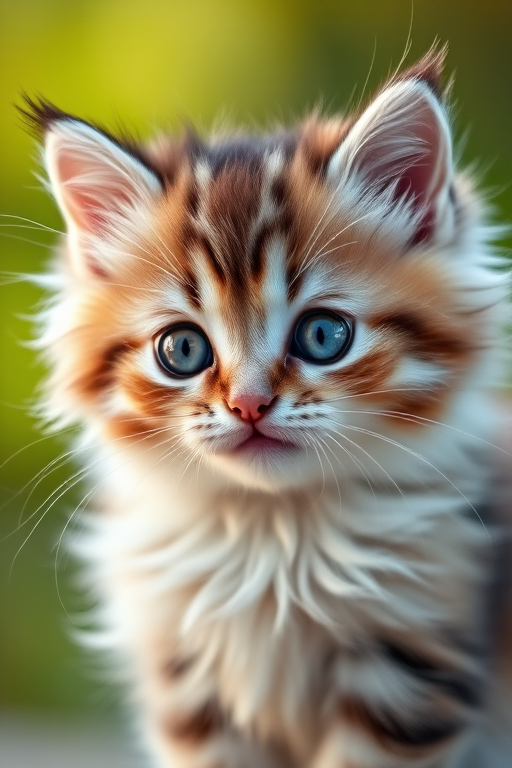 Create a hyper-realistic portrait of a fluffy kitten with captivating eyes, using a DSLR camera, 50mm lens, aperture f/1.8, ISO 100, natural lighting, and a shallow depth of field for a soft background.