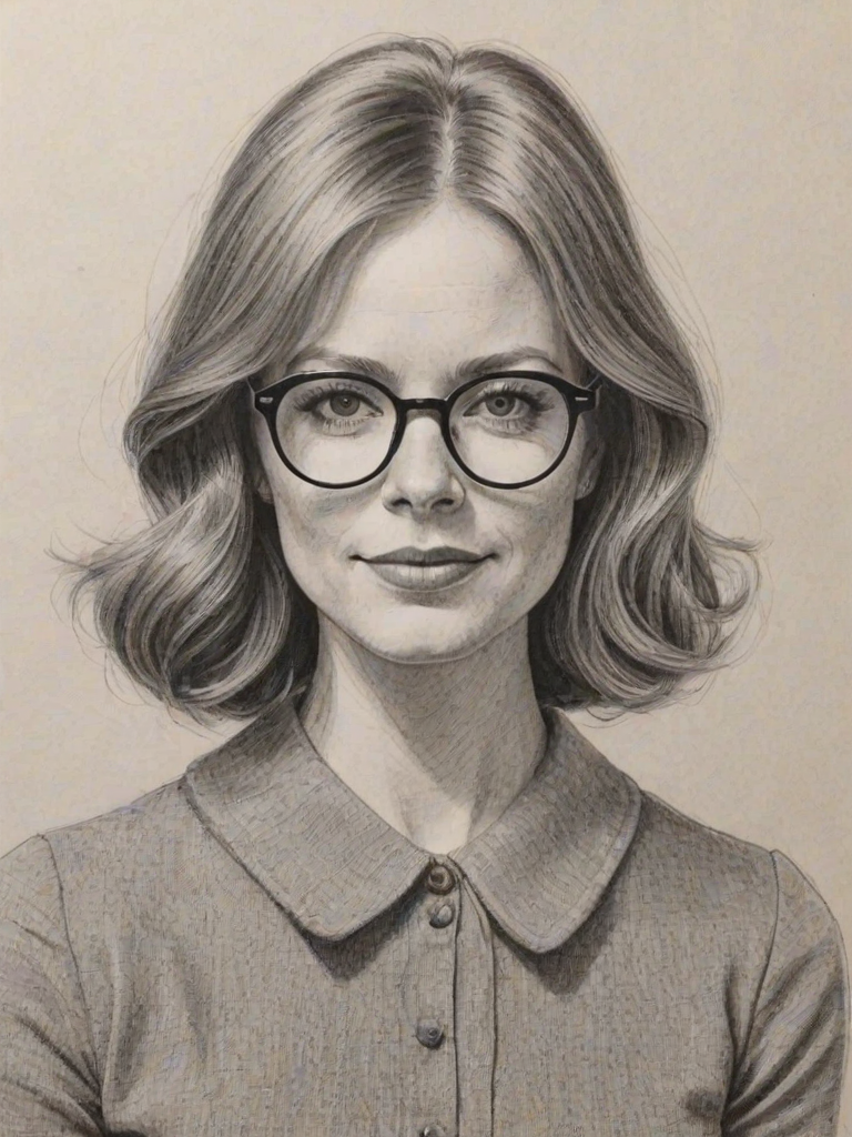 Bewitching Jesse Tyler Ferguson, pencil sketch, portrait of Comely woman 1965s in glasses, hair style beatnik, outline, clear lines, fine lines, 8k
