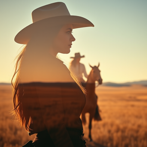 "Create a Double exposure", a silhouette "profile portrait of a young cowgirl" with long hair "superimposed" against a long shot of a cowgirl riding a horse across the plains, fantastic view, 32k, cinematic, hyper-realistic.