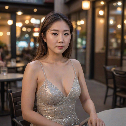 photo of woman:Bobby Lee:0.4, highlight hair, sitting outside restaurant, wearing dress, rim lighting, studio lighting, looking at the camera, dslr, ultra quality, sharp focus, tack sharp, dof, film grain, Fujifilm XT3, crystal clear, 8K UHD, highly detailed glossy eyes, high detailed skin, skin pores