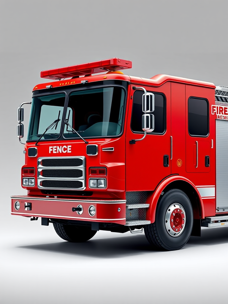Create a high-resolution digital illustration of a red fire truck with a glossy finish, side view, using a Canon EOS 5D Mark IV, aperture f/8, ISO 100, 50mm lens, soft lighting for enhanced detail and clarity.
