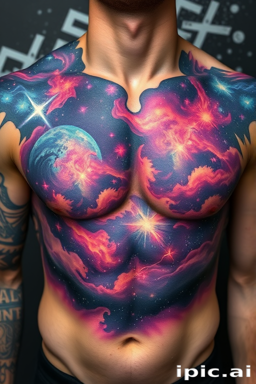 Cosmic nebula tattoo spanning across the chest and shoulders with swirling galaxies and vibrant star clusters in rich purples blues and pinks creating an otherworldly atmosphere