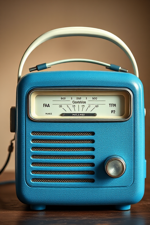 Create a high-resolution image of a vintage radio with a blue textured body and white control panel, captured in front view with a Canon EOS 5D Mark IV, 50mm lens at f/2.8, ISO 100, natural lighting for enhanced clarity and detail.