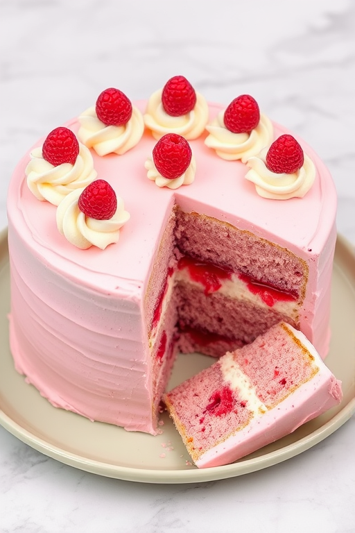 Create an image of a beautifully decorated pink cake with cream frosting and raspberry filling. The cake should have a fluffy texture and be topped with swirls of whipped cream and small dollops of raspberry sauce. It is placed on a pastel green plate and a slice has been removed to show the layers inside. The background should be a light marble surface.
