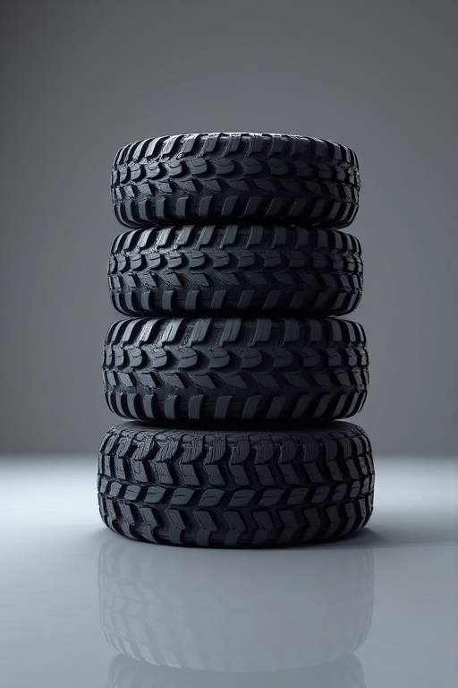high-resolution rendering of four stacked off-road tires on a reflective surface, soft lighting, ISO 100, aperture f/8, shutter speed 1/60s, 50mm lens, 3-point lighting setup, digital DSLR camera