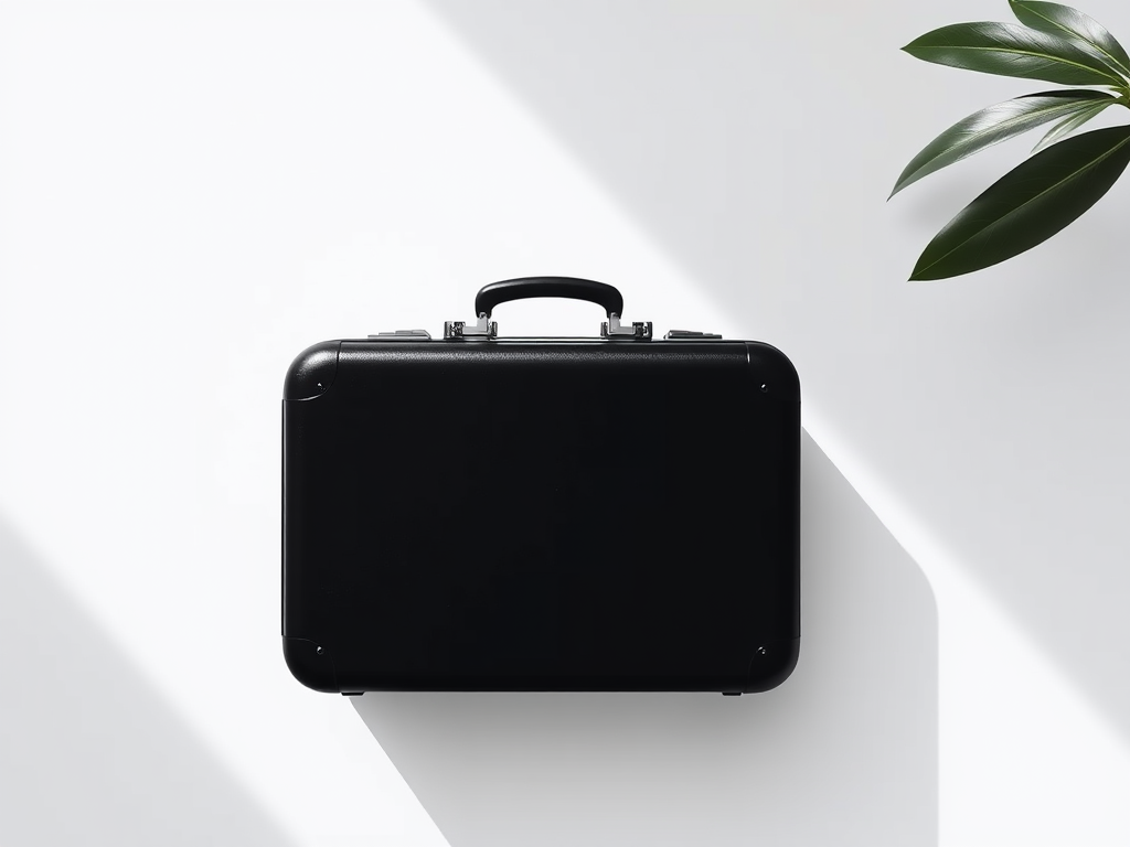 Generate a high-quality vector image of a simple black silhouette of a suitcase centered on a white background, using a Canon EOS R5 camera, 50mm lens, f/4 aperture, ISO 100, and a top-down view with natural lighting.