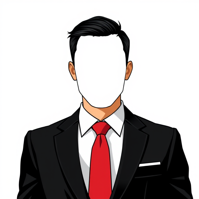 Create a vector illustration of a faceless businessman in a black suit and red tie, close-up shot, using a Canon EOS 5D Mark IV, with aperture set to f/4, ISO 100, and shutter speed 1/125 sec, in a clean, modern style.
