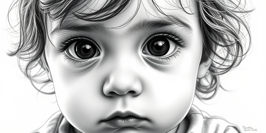 A hyperdetailed photorealistic black and white sketch of a beautiful toddler with deep black eyes, with a macro focus