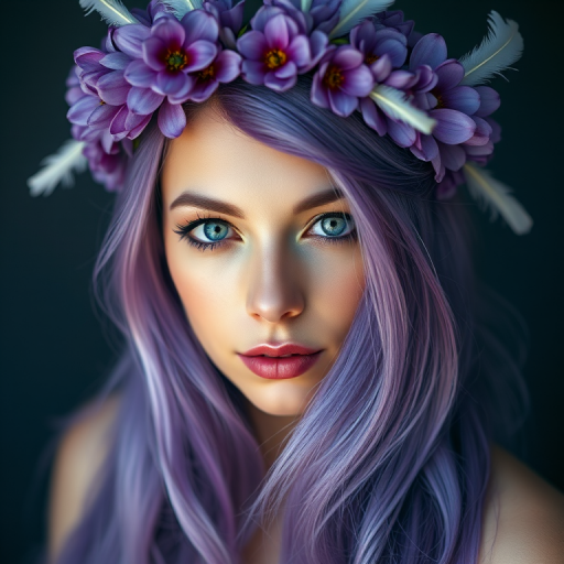 create a high-resolution portrait of a woman with long purple hair adorned with a floral crown of purple flowers and white feathers, soft ethereal lighting, 85mm lens, f/1.8 aperture, shot in portrait view on a full-frame DSLR camera