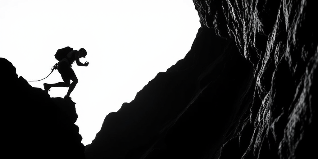 Create a high-contrast silhouette of a rock climber descending a cliff, captured with a Canon EOS 5D Mark IV at f/8, ISO 100, 1/500s, using a 50mm lens from a low angle to emphasize the climber against a bright white background.