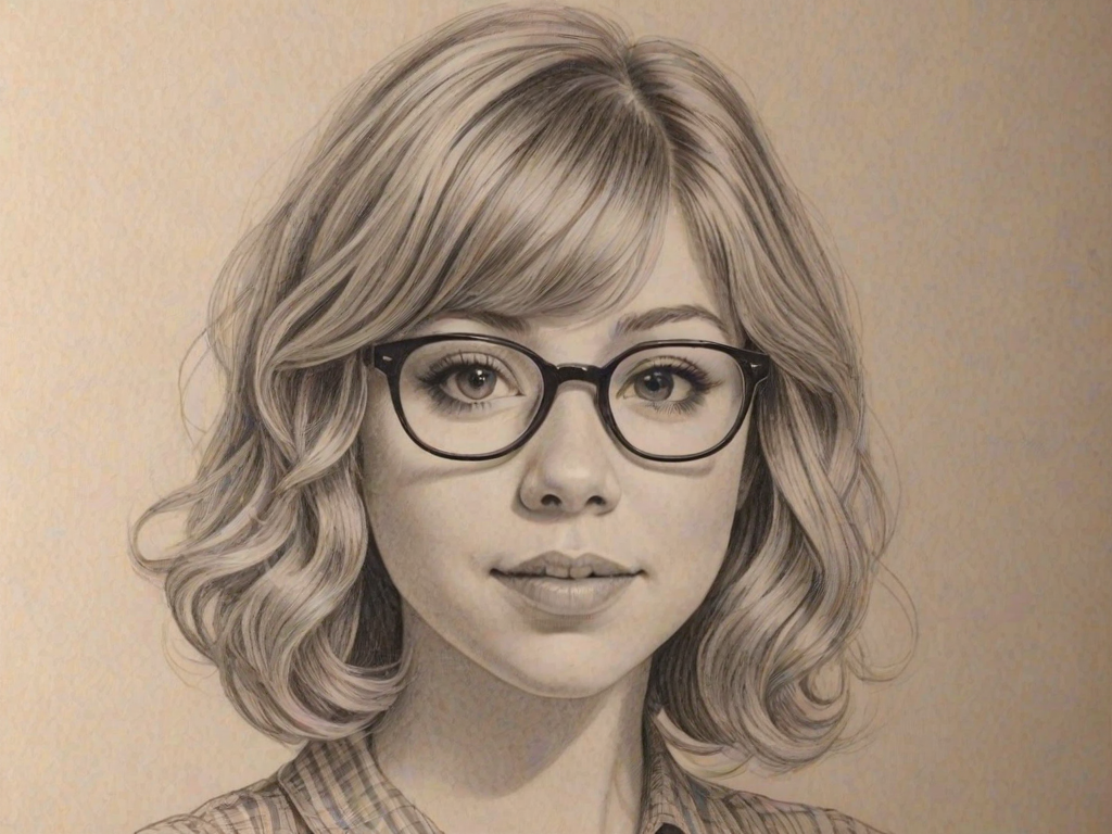 Delightful Jennette McCurdy, pencil sketch, portrait of Enticing woman 1923s in glasses, hair style beatnik, outline, clear lines, fine lines, 8k