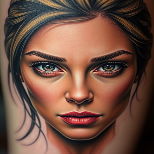 Photorealistic color portrait tattoo named "Timeless Gaze" depicting a lifelike human face with incredible attention to detail in skin texture hair strands and subtle facial features using a soft color palette and advanced shading techniques to create a three-dimensional effect that appears to emerge from the skin with hyper-realistic eyes that seem to follow the viewer