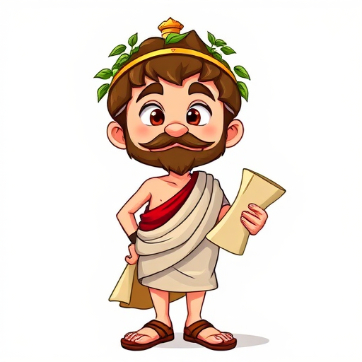 Create a cartoonish character of a Roman with sandals and a toga, wearing a laurel wreath, holding a scroll, shot with a Canon EOS R5 at f/2.8, ISO 100, 50mm lens, bright lighting, full body view, vibrant colors and a clean background.