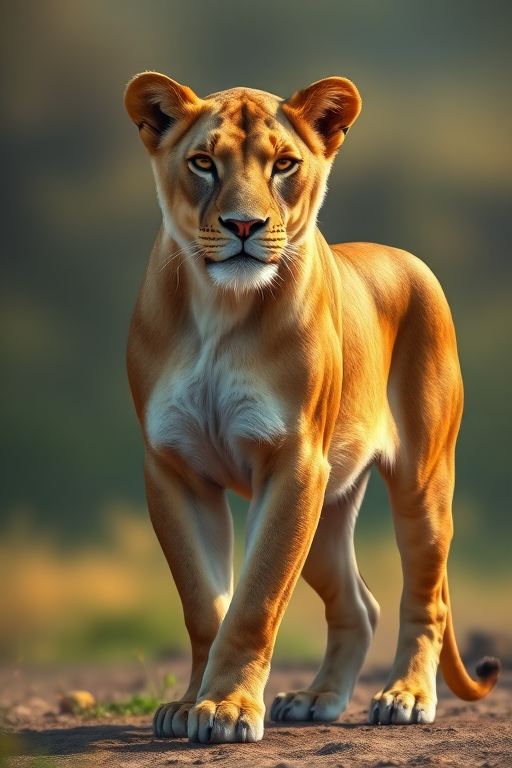 A realistic illustration of a lioness standing gracefully, with emphasis on its muscular build and expressive eyes, in a soft-focus background, captured with a Canon EOS 5D Mark IV, 50mm f/1.8 lens, f/2.8 aperture, ISO 200, 1/200 sec shutter speed, in natural lighting.
