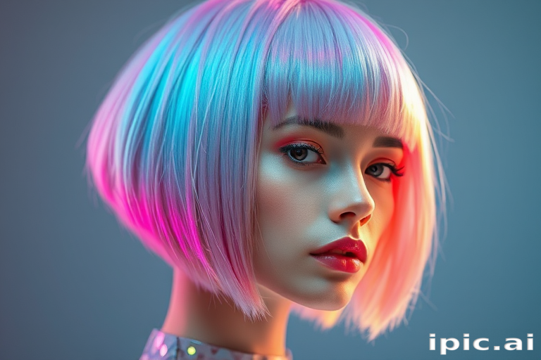 Futuristic hair style revealing holographic pastel hues blended seamlessly on a sharp angled bob with blunt bangs