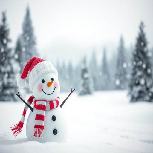 Create a winter scene featuring a cheerful snowman with a red and white striped scarf and matching hat. The background should be a soft, snowy landscape with a blurred effect of falling snowflakes. Include a serene forest of evergreen trees in the distance, adding to the tranquil atmosphere.