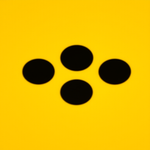 Generate a high-resolution image of a minimalist logo featuring three black circles on a vibrant yellow background, using a DSLR camera with a 50mm lens, f/1.8 aperture, 1/100 sec shutter speed, and a shallow depth of field for enhanced focus and clarity.