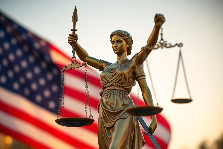 Create an image of a golden statue of Lady Justice holding scales and a sword, set against a waving American flag background, captured with a DSLR camera, 50mm lens, f/1.8 aperture, ISO 100, 1/200s shutter speed, in an outdoor setting during golden hour for optimal lighting and detail.