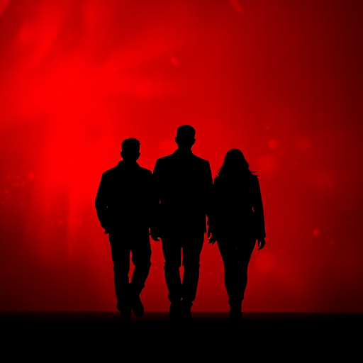 three silhouetted figures walking away against a dramatic red background with abstract light effects, shot with a Canon EOS 5D Mark IV, aperture f/2.8, shutter speed 1/60s, ISO 100, portrait orientation, high contrast style