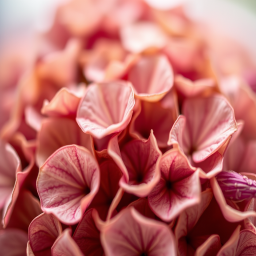 macro shot of dried hydrangea petals with soft bokeh background, aperture f/2.8, shutter speed 1/200s, ISO 200, 50mm lens, natural light, DSLR camera