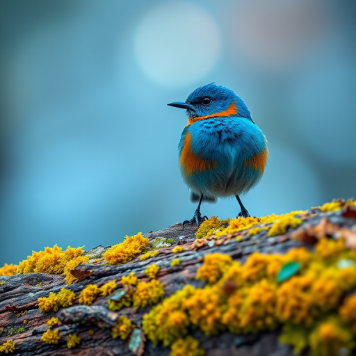 A vibrant blue bird perched on a textured log covered in vibrant moss and lichen, soft glowing background with a dreamy blue and soft bokeh effect, captured with a Canon EOS R5 using a 85mm f/1.2 lens, aperture set at f/1.8, ISO 100, with a shallow depth of field for a photo-realistic effect.