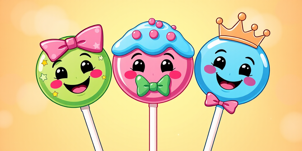 Create a vibrant illustration of three cartoon candy pops with happy faces: one green with stars and a pink bow, one pink with blue icing and a green bow tie, and one blue with a crown and a pink bow, use a 50mm lens, f/1.8 aperture, soft lighting, and a high-resolution digital camera for crisp details and bright colors.