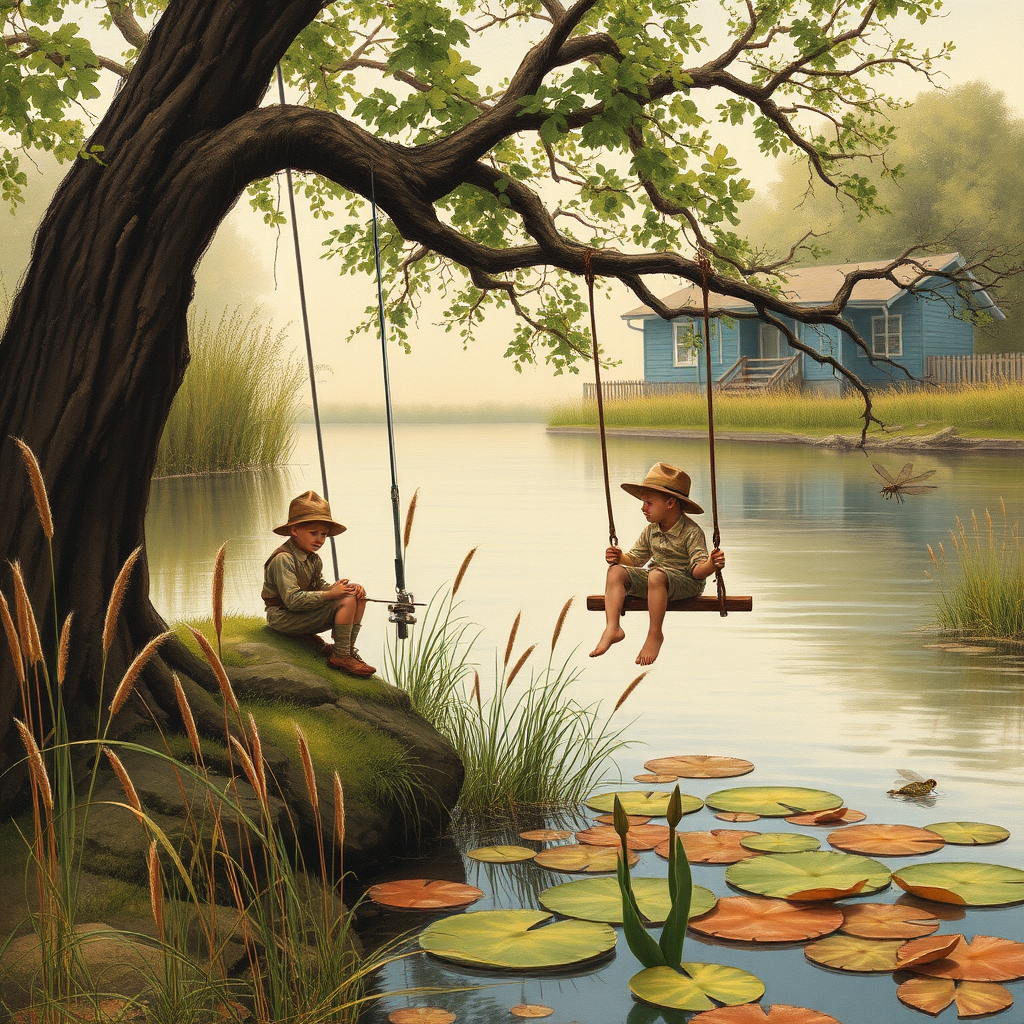 Imagine a small group of old fashioned young boys out fishing by the creek, a swing hanging from a tree branch, reeds and grasses by the water's edge, a frog sitting on a lily pad, dragonflies hovering over som water plans, a very iconic old fashioned scene reminiscent of a Norman Rockwell painting style