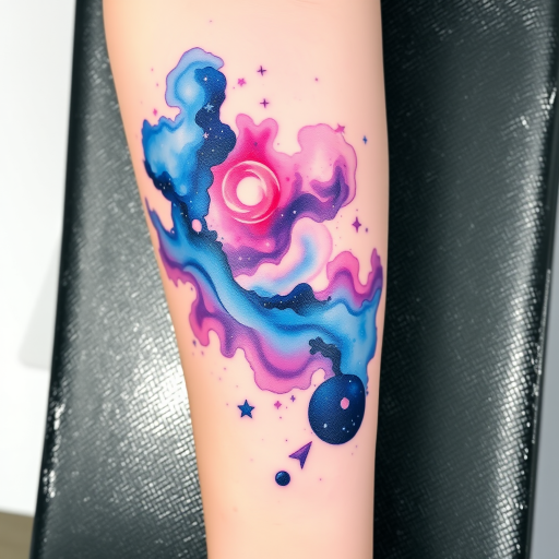 Cosmic watercolor tattoo portraying a nebula-inspired galaxy scene, vibrant swirls of blues, purples, and pinks, ethereal stardust and celestial bodies, dreamy and otherworldly
