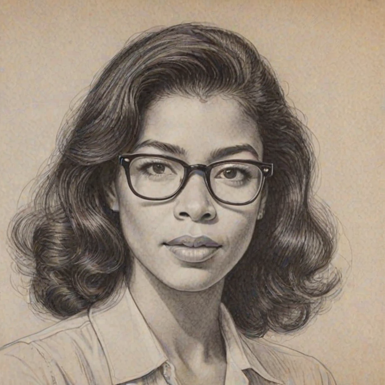 Stunning Irene Cara, pencil sketch, portrait of Bewitching woman 1947s in glasses, hair style beatnik, outline, clear lines, fine lines, 8k