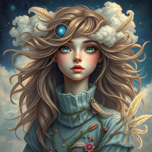 Create a series of imaginative portraits where each subject is infused with elements of fantasy and nature. The hair of the individuals should flow like clouds, varying from soft, fluffy cumulus to wispy cirrus strands, with hints of color reflecting a sunset or a clear blue sky. The eyes should be windows to entire galaxies, with stars, nebulae, and distant planets visible within them. Clothing should be adorned with nature motifs, such as floral patterns that bloom and change, vines that seem to grow and wrap around, or feathers that shimmer with iridescence. Each portrait should capture a unique personality, blending human features with the ethereal beauty of the natural and cosmic world. The backgrounds can vary, from starry night skies to enchanted forests, adding depth and context to the magical realism of the portraits
