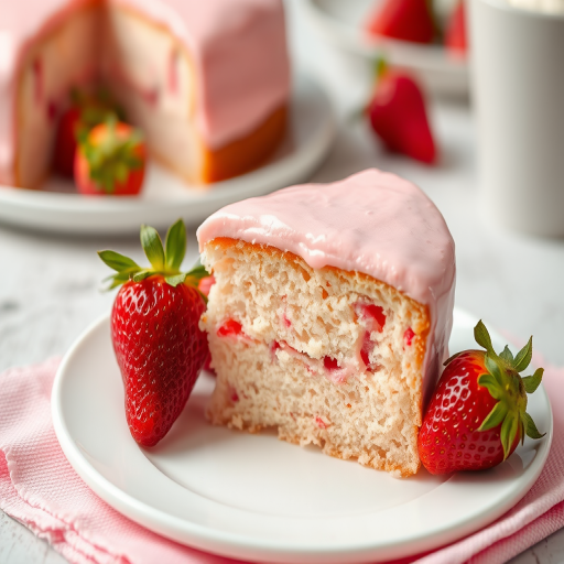 A close-up of a slice of pink frosted cake on a white plate with a fresh strawberry on the side, set on a textured pink napkin, with a blurred background showcasing more cake and strawberries. The cake has a smooth, shiny glaze and a fluffy interior, emphasizing its moist texture.