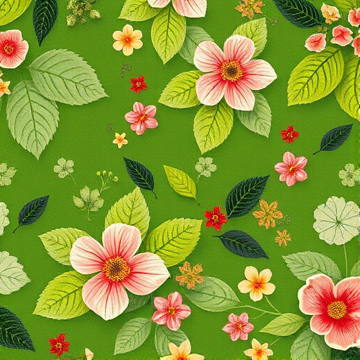 floral pattern with green background featuring various leaves and flowers, macro view, f/2.8 aperture, ISO 100, 50mm lens, soft natural lighting
