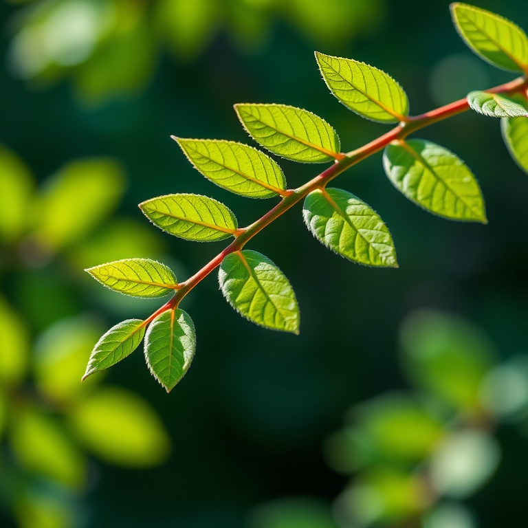Create a high-resolution image of a green leaf branch with vibrant lighting, using a macro lens at f/2.8, ISO 100, 1/200s shutter speed, shot from a slightly elevated angle, with a clear focus and soft background blur, in a digital camera style.