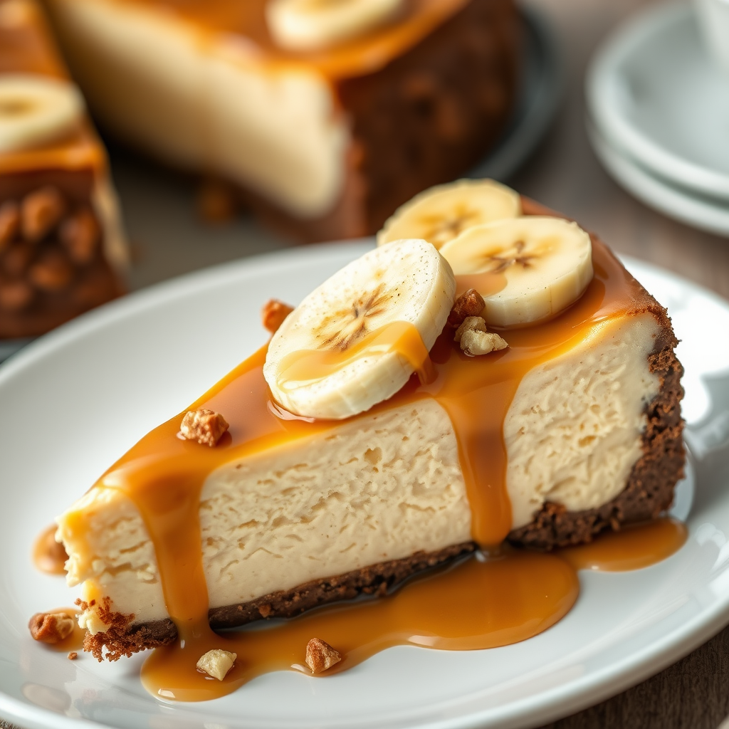 Create an image of a slice of banana caramel cheesecake with a smooth caramel topping drizzled over it topped with banana slices and chopped nuts on a white plate. The cheesecake should have a layered appearance with a chocolate crust and creamy filling.