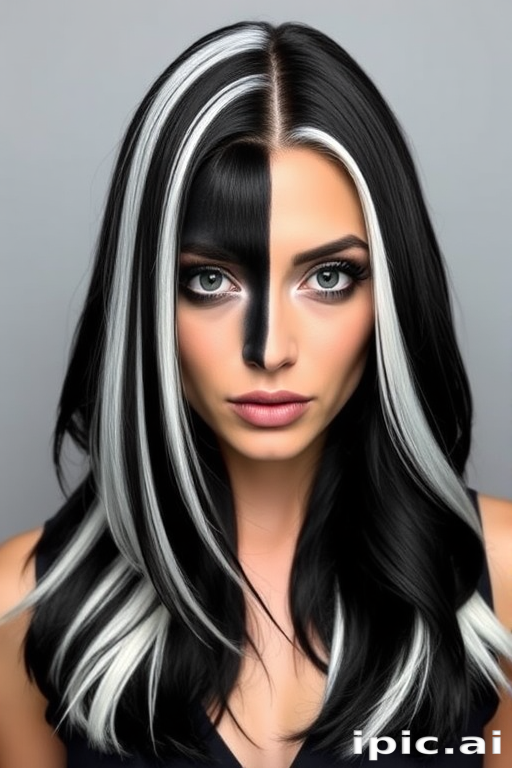 Dramatic black and white split-dyed hair dubbed "Yin Yang Harmony" featuring long straight layers, crisp center part dividing colors, sleek polished finish, face-framing pieces in contrasting shades, bold graphic look