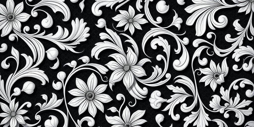Generate a detailed image of intricate, swirling floral patterns in a monochromatic color scheme, captured with a DSLR camera using a 50mm lens at f/1.8, ISO 100, in soft natural lighting, top-down view, with a shallow depth of field to emphasize the texture and details of the design.