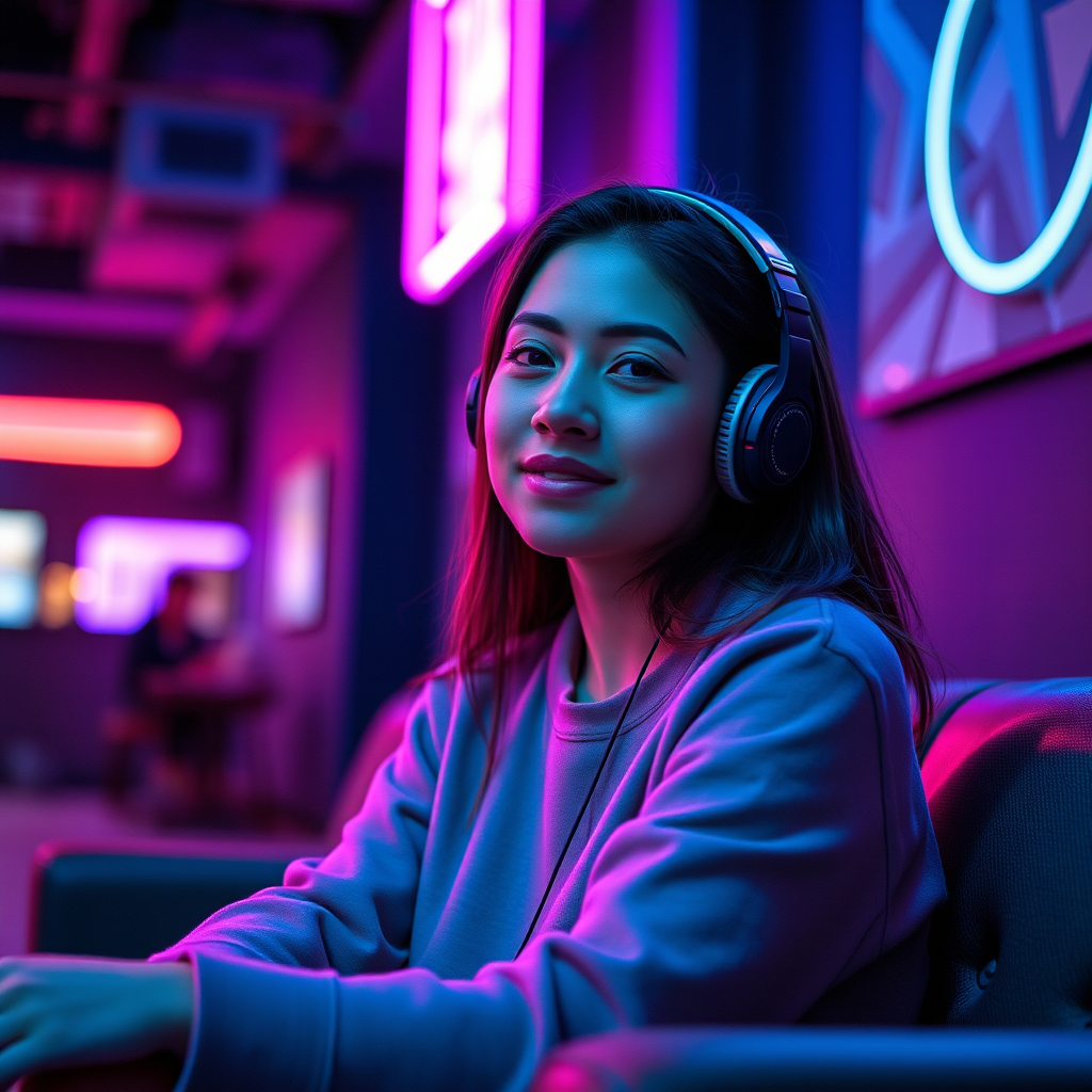 a young woman with headphones sitting on a couch in a dimly lit room with neon lights, vibrant blue and pink hues, 50mm lens, aperture f/1.8, ISO 100, shallow depth of field, captured with a DSLR camera in a vibrant urban setting